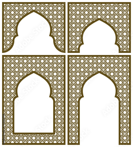 Arches, frames and additional design elements. Arabic geometric ornament.Brown color.
