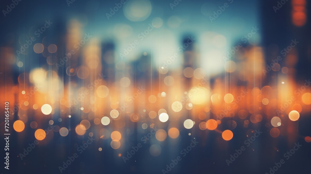 Artistic backdrop adorned with bokeh defocused lights and cityscape shadows during the night, imbued with vintage or retro color tones.