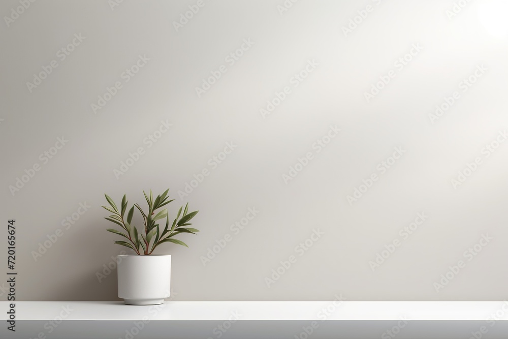 Green plant in pot on table near blank wall background. Front view. Place for your text Green plant in pot on table near blank wall background. Front view. Place for your text