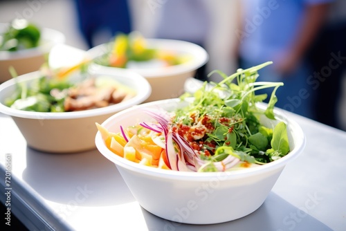 organic salad bowls on display in a healthfood truck photo