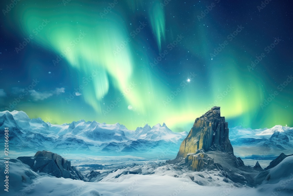 dramatic view of a bright aurora above glacier-covered mountains