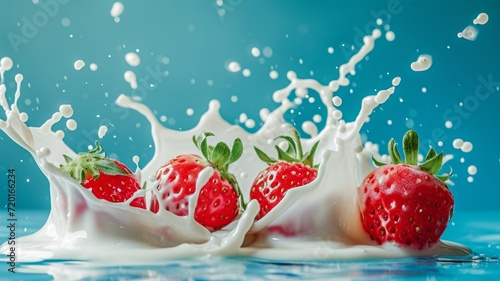 Milk splash with strawberry. White liquid with fruits and berries on blue background.