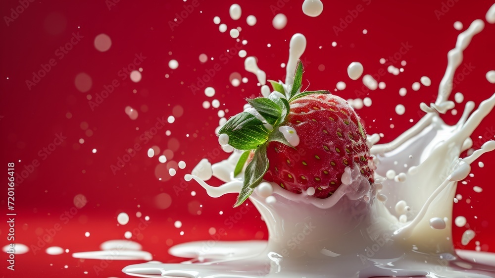 Milk splash with strawberry. White liquid with fruits and berries on red background. Milk splash with strawberry. White liquid with fruits and berries on red background.