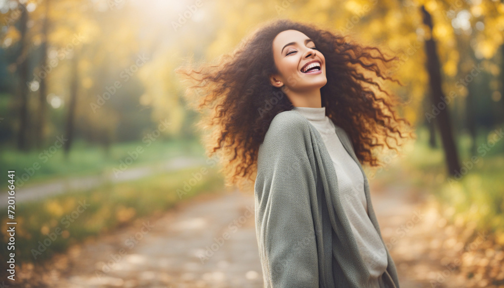Portrait happy woman. Woman enjoying summer sunny day outside Portrait happy woman. Woman enjoying summer sunny day outside