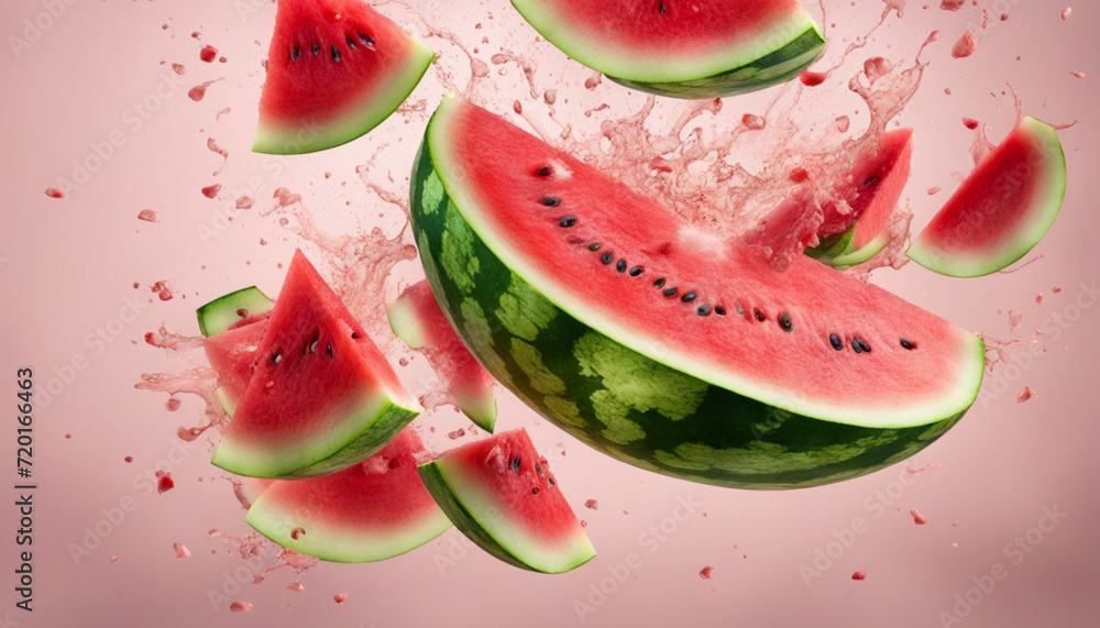 Fresh slices of watermelon flying on a plain background with exploding juice splash Fresh slices of watermelon flying on a plain background with exploding juice splash