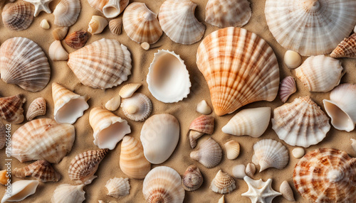 Close up of many seashells, sea shell on the sandy beach