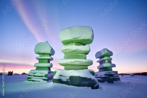 ice-carved inukshuks framed against radiating aurora