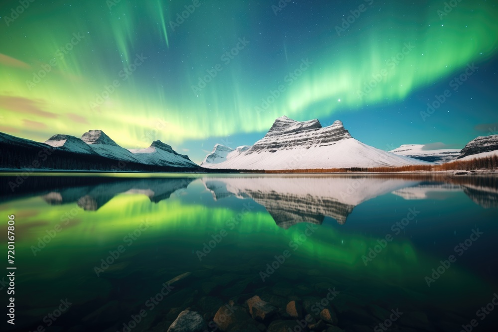 aurora above a calm lake surrounded by dark mountains