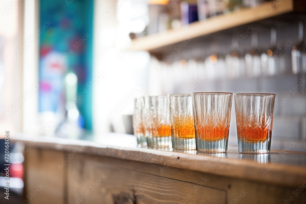 pint glasses lined up on a bar shelf pint glasses lined up on a bar shelf