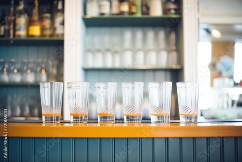 pint glasses lined up on a bar shelf © stickerside