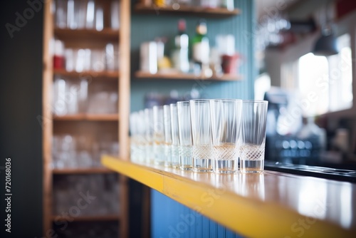 pint glasses lined up on a bar shelf