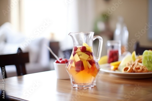 carafe of sangria with fruits minus the wine on dining table