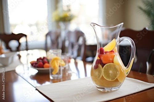 carafe of sangria with fruits minus the wine on dining table photo
