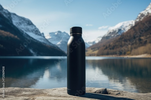 Black reusable thermos water bottle with a lake photo