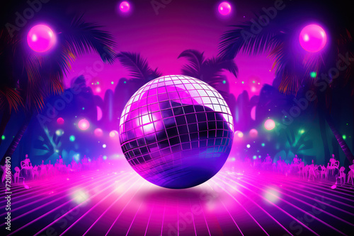 Disco party banner with light ball and speaker in night club. Vector banner of music event, dance party with cartoon illustration of disco ball, purple color