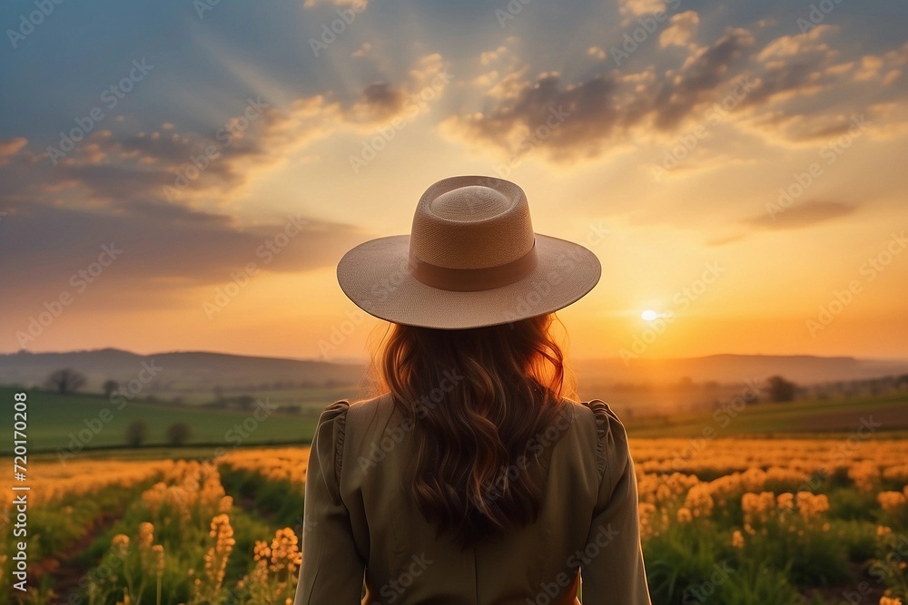 A woman with long hair in a hat looks at the spring or summer landscape at sunrise. Back view.
