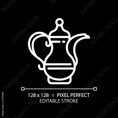 Arabic coffee pot white linear icon for dark theme. Antique handmade traditional pot. Unique prestigious culture. Thin line illustration. Isolated symbol for night mode. Editable stroke