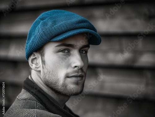 Black and white photograph portrait of a man in a blue cap © Amir