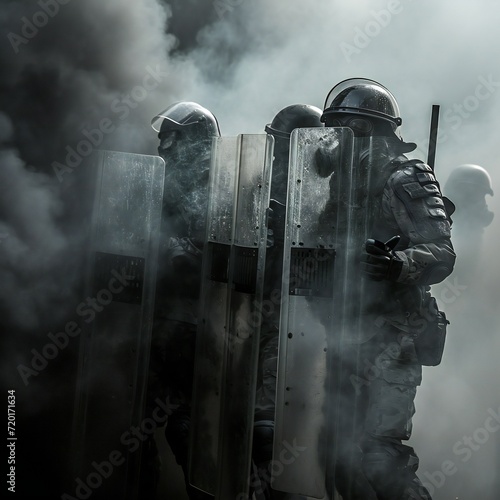 policemen with a riot shield photo