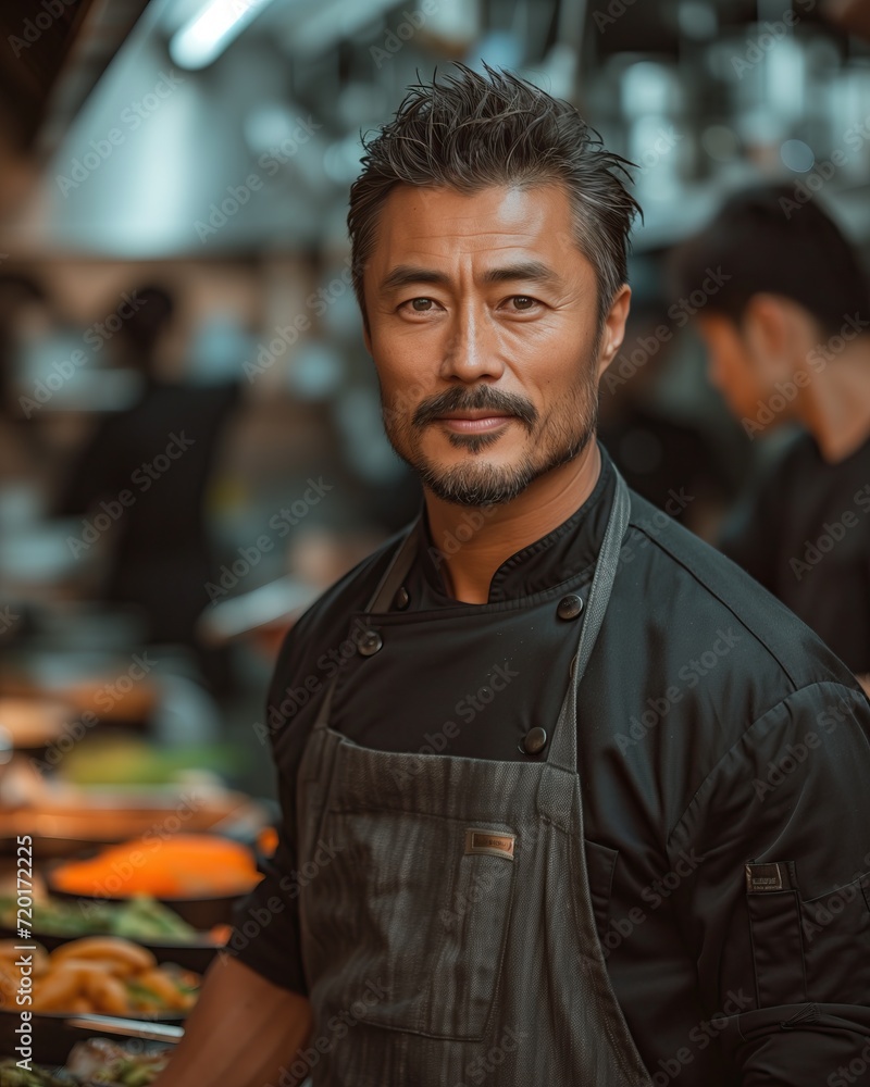 Portrait of chef in black tunic in restaurant kitchen with team in background. Japanese cuisine restaurant. Asian food. Portrait of chef in black tunic in restaurant kitchen with team in background. Japanese cuisine restaurant. Asian food.