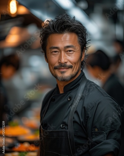 Portrait of chef in black tunic in restaurant kitchen with team in background. Japanese cuisine restaurant. Asian food.