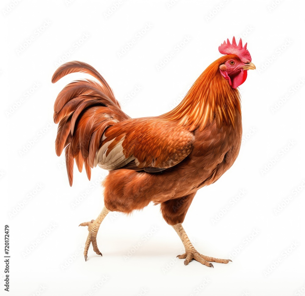 Fototapeta premium Stately Red Rooster Showcasing His Elegant Plumage on a White Background - Generative AI