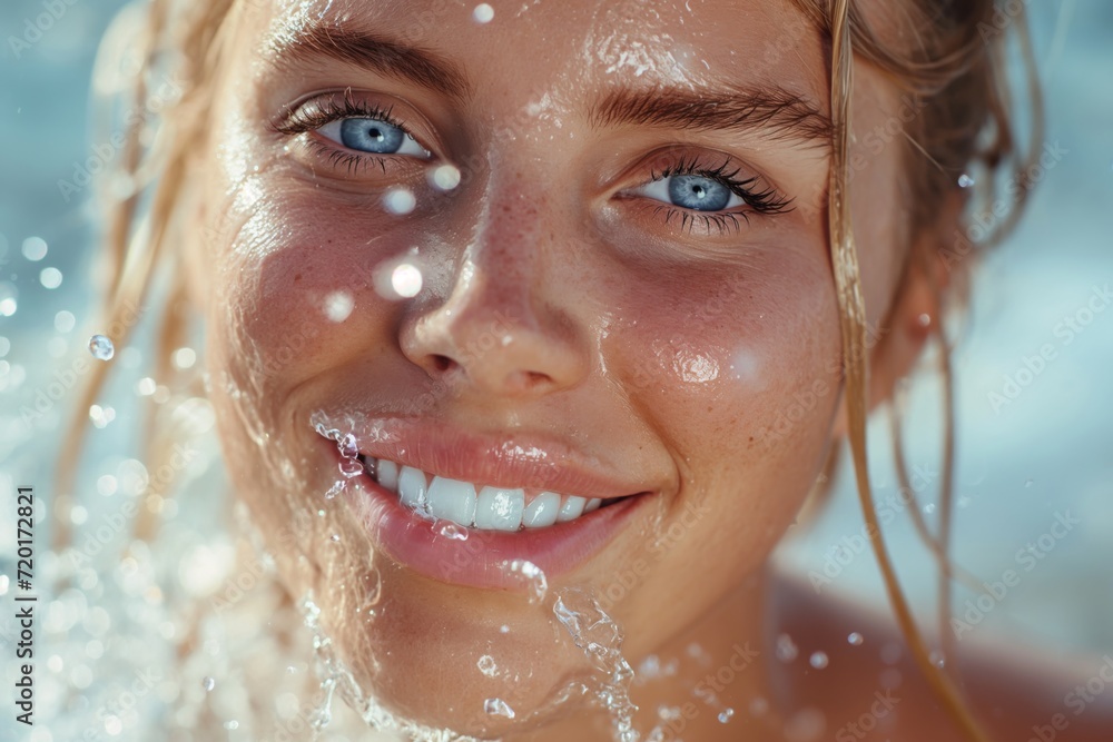 blonde blue eyes woman model with water splashes, concept of skincare hydration and beauty. blonde blue eyes woman model with water splashes, concept of skincare hydration and beauty.
