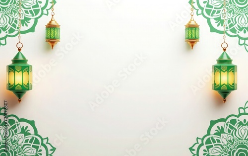 eid mubarak greeting card background, white texture paper and green mandala with ramadam lantarn  photo