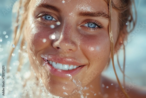 blonde blue eyes woman model with water splashes, concept of skincare hydration and beauty.