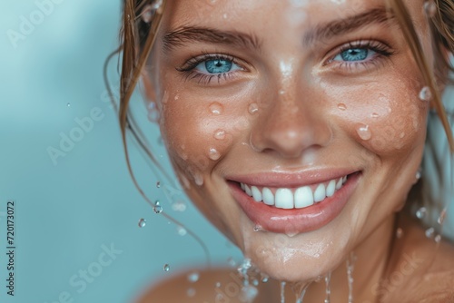 blonde blue eyes woman model with water splashes, concept of skincare hydration and beauty.