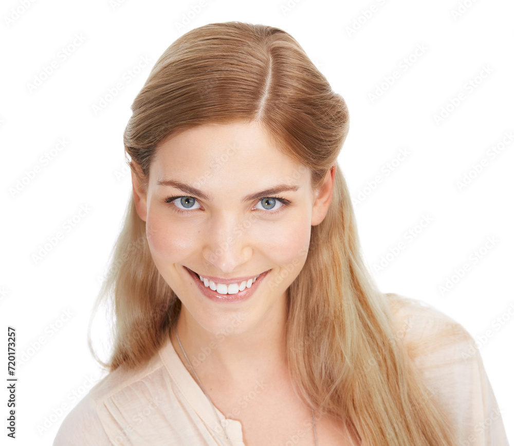 Hair, portrait and woman smile in studio for beauty, shampoo or color treatment results on white background. Haircare, face and female model happy with growth, texture or cosmetics, glow or shine Hair, portrait and woman smile in studio for beauty, shampoo or color treatment results on white background. Haircare, face and female model happy with growth, texture or cosmetics, glow or shine