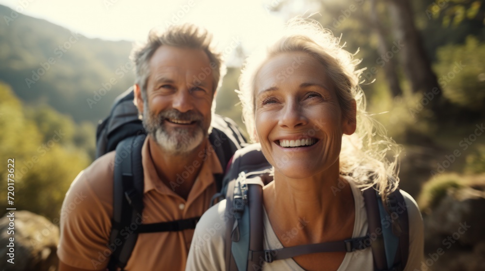 Healthy Lifestyle Hiking Couple in Nature with Backpacks and Trail Map Healthy Lifestyle Hiking Couple in Nature with Backpacks and Trail Map