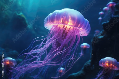 a close up of a jellyfish in a blue sea with a light shining on the top of it's head © LivroomStudio