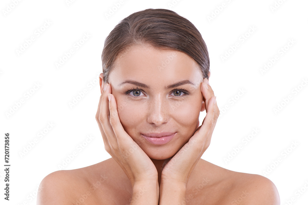 Woman, hands and portrait with cosmetics, skincare and beauty with hair, confident and face. Skin, female person and glow with pose, studio and model for cosmetology, dermatology and beautiful Woman, hands and portrait with cosmetics, skincare and beauty with hair, confident and face. Skin, female person and glow with pose, studio and model for cosmetology, dermatology and beautiful