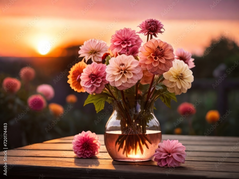 Dahlia flowers in a vase with sunset background