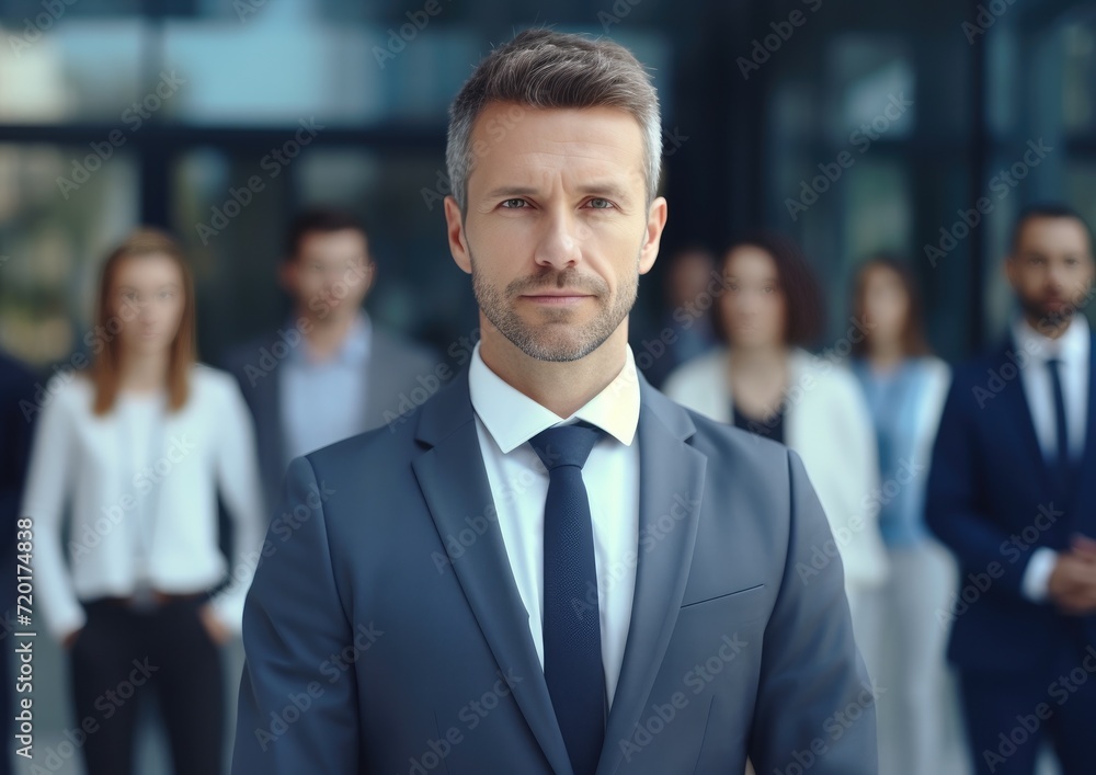 leader businessman in suit in with blured team people in office, successful teamwork leader businessman in suit in with blured team people in office, successful teamwork