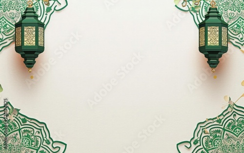 eid mubarak greeting card background, white texture paper and green mandala with ramadam lantarn  photo