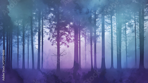 Mystical forest at dusk gradient with deep purples, blues, and greens, featuring a grainy texture for an enchanted woodland-themed event © Simo