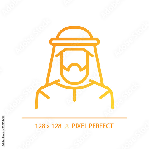 Arabic kandura man gradient linear vector icon. Historical religious clothes. Turban middle eastern male. Thin line color symbol. Modern style pictogram. Vector isolated outline drawing