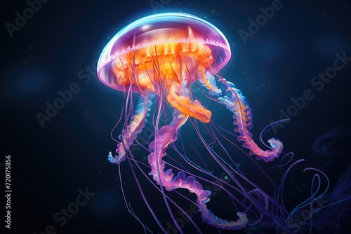 a close up of a jellyfish in a blue sea with a light shining on the top of it's head