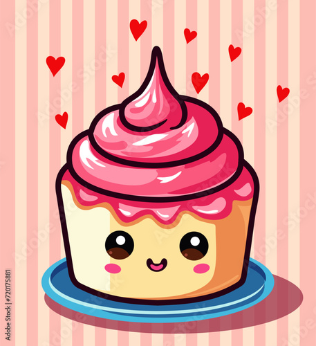 Cartoon kawaii cake icon. ute sweet dessert in kawaii style with smiling face and pink cheeks for sweet design. Cake, muffin, cupcake. Vector illustration