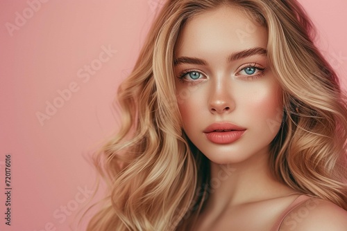 A close-up studio fashion portrait of a young woman with perfect skin, long wavy golden blond hair and immaculate make-up. Pink background. Skin beauty and hormonal female health concept