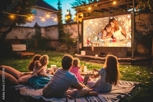 A family sitting in front of a huge flat screen television in the backyard outside in the warm summer evening watching a movie spending leisure time together photo