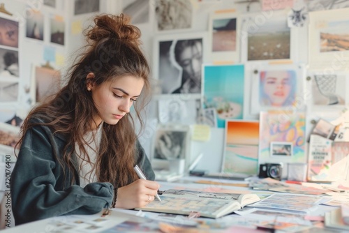 a young motivated and focused woman journaling and making her vision board to manifest her dreams and plans, in a white room full of pictures, images, cliparts and visual resources photo