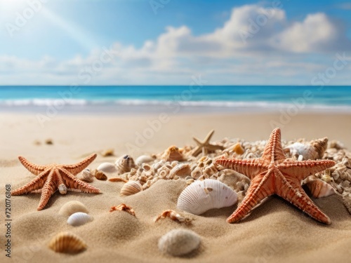 Seashells and Starfish on Sunny Beach with Waves, Summer Vacation Concept