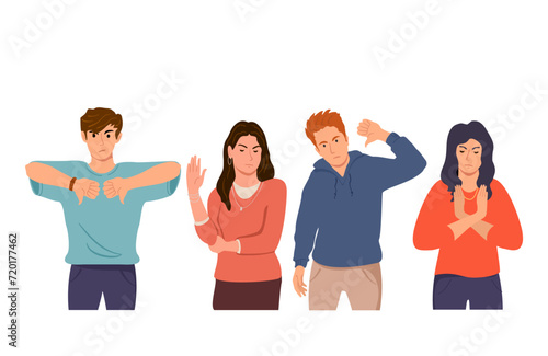 Group of young people showing refusal or negative emotions with gesture. Rejection, thumb down, stop hand signs. Displeased men, women characters disagree, reject with silent arm signal of denial, ban