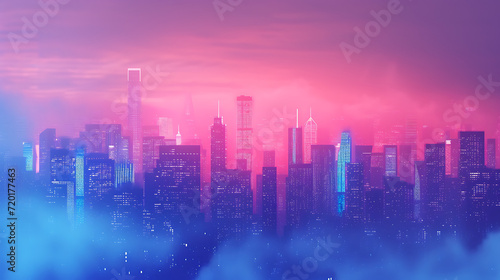 Neon city skyline gradient in electric pinks, blues, and purples with a grainy texture for a metropolitan-themed event.  © Simo