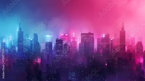 Neon city skyline gradient in electric pinks, blues, and purples with a grainy texture for a metropolitan-themed event. 