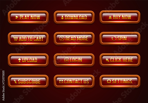 Red buttons with a gold frame and gold letters. Large set of vector buttons for a website.
