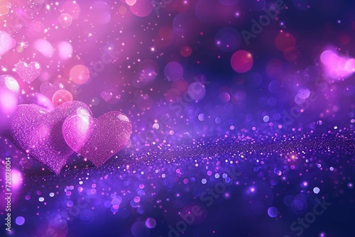 Beautiful background banner with purple hearts, lights, sparkles and bokeh. Valentine's Day. Panoramic web header with copy space. Wide screen wallpaper